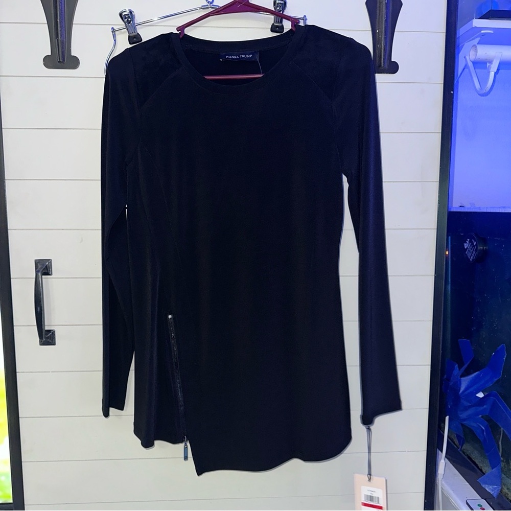 Ivanka Trump Tunic Top Womens XS Black NEW Side Zip Asymmetrical Long Sleeve